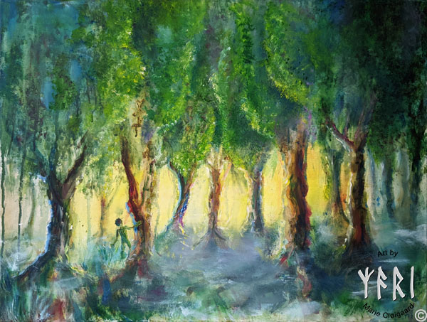 Forest spirits, skovfolk, skovnisser, whimsical, joyful, original art, artwork, pinserute dansk kunst, dansk kunstner Marie Cloigaard