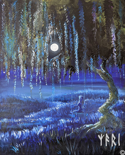 Forest spirits, skovfolk, skovnisser, whimsical, joyful, original art, artwork, pinserute dansk kunst, dansk kunstner Marie Cloigaard