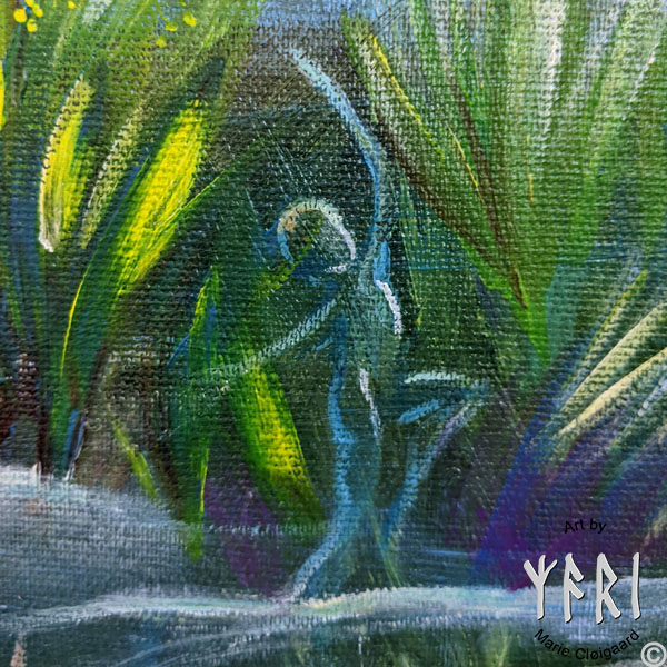 Forest spirits, skovfolk, skovnisser, whimsical, joyful, original art, artwork, pinserute dansk kunst, dansk kunstner Marie Cloigaard