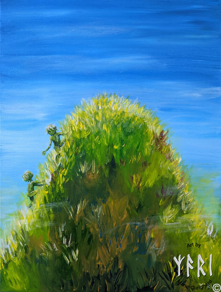Forest spirits, skovfolk, skovnisser, whimsical, joyful, original art, artwork, pinserute dansk kunst, dansk kunstner Marie Cloigaard
