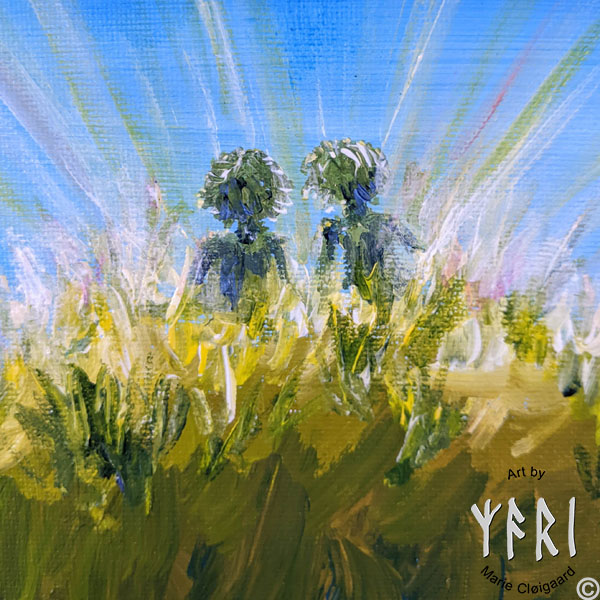Forest spirits, skovfolk, skovnisser, whimsical, joyful, original art, artwork, pinserute dansk kunst, dansk kunstner Marie Cloigaard