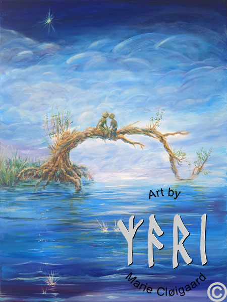 Bridge Over Calm Water, Forest spirits, skovfolk, skovnisser, fantasy, spiritual, whimsical, joyful, original art, artwork, morild, morild galleri, anneberg, anneberg kulturpark, Kunstnerfløjen, odsherred, vi maler vig, pinserute dansk kunst, dansk kunstner Marie Cloigaard
