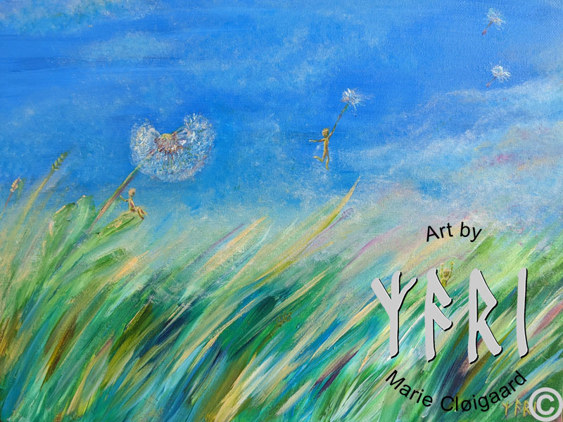 Flying Away on Wishes, Forest spirits, skovfolk, skovnisser, fantasy, spiritual, whimsical, joyful, original art, artwork, morild, morild galleri, anneberg, anneberg kulturpark, Kunstnerfløjen, odsherred, vi maler vig, pinserute dansk kunst, dansk kunstner Marie Cloigaard
