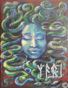 Medusa, Forest spirits, skovfolk, skovnisser, fantasy, spiritual, whimsical, joyful, original art, artwork, morild, morild galleri, anneberg, anneberg kulturpark, Kunstnerfløjen, odsherred, vi maler vig, pinserute dansk kunst, dansk kunstner Marie Cloigaard