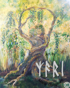 Two treelike figures entwine, nuzzling one another, with branching arms stretched overhead. the kiss, Forest spirits, skovfolk, skovnisser, fantasy, spiritual, whimsical, joyful, original art, artwork, morild, morild galleri, anneberg, anneberg kulturpark, Kunstnerfløjen, odsherred, vi maler vig, pinserute dansk kunst, dansk kunstner Marie Cloigaard